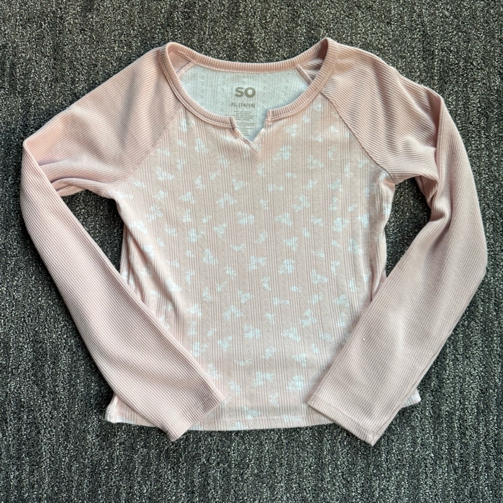 SO Girls’ 14/16 L/S Pink Waffle Knit Floral Shirt